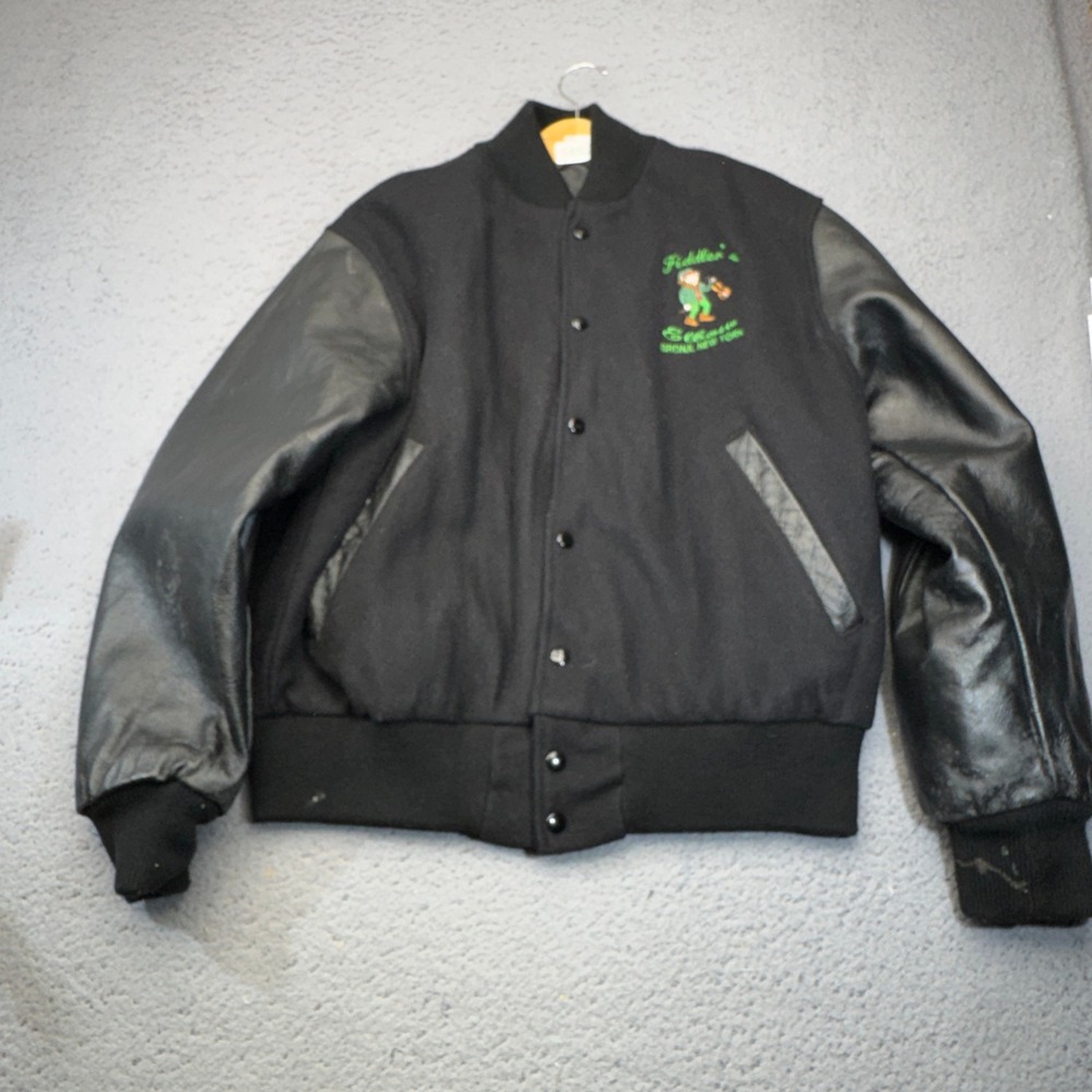Vintage Fiddler's Elbow Jacket Mens Large Black Wool Leather Varsity Bronx USA